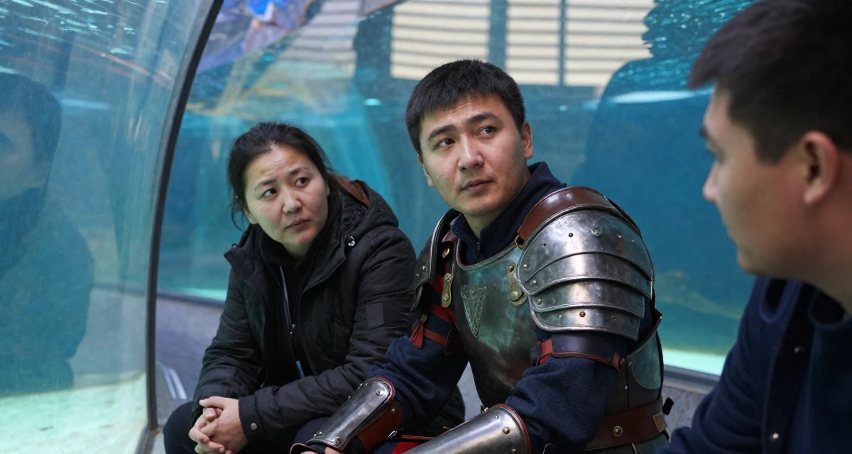 A shy Female From Kyrgyzstan, majored in public health in their 45, mentoring younger colleagues, wearing a gladiator armor with leather straps and a metal breastplate, glancing sideways in a aquarium tunnel.