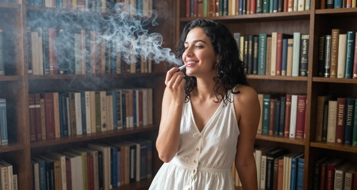 A delighted Female From Las Vegas USA, learned burlesque performance and crowd engagement in their 22, managing new financial responsibilities, wearing a airy cotton dress for summer, applying lipstick in a quiet library corner.