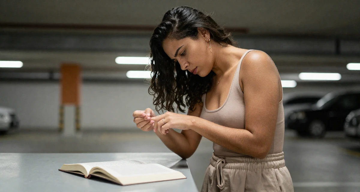 A moody Female From Brazil, majored in communication in their 30, feeling pride and fatigue in equal measure, wearing a fitted bodysuit and wide-leg dress pants, inspecting fingernails in a underground parking garage.