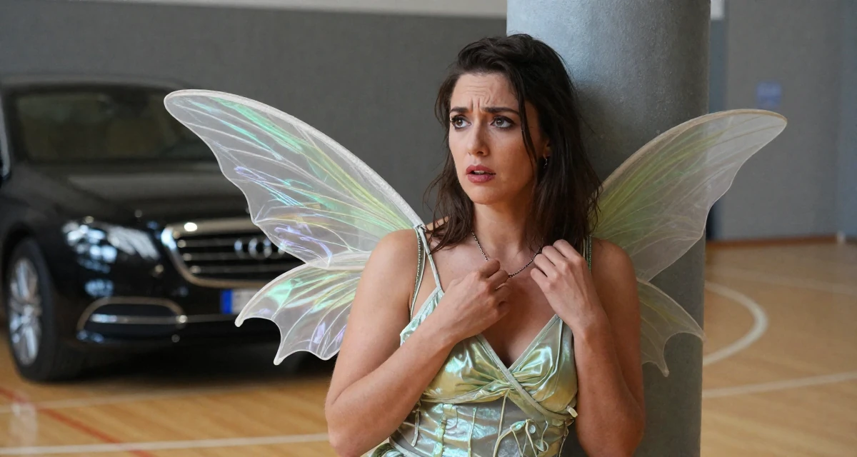 A worried Female From Vienna Austria, studied stage performance and sensual movement in their 25, learning to balance creativity with subscriber expectations, wearing a fairy costume with translucent iridescent wings, touching a necklace in a basketball court.