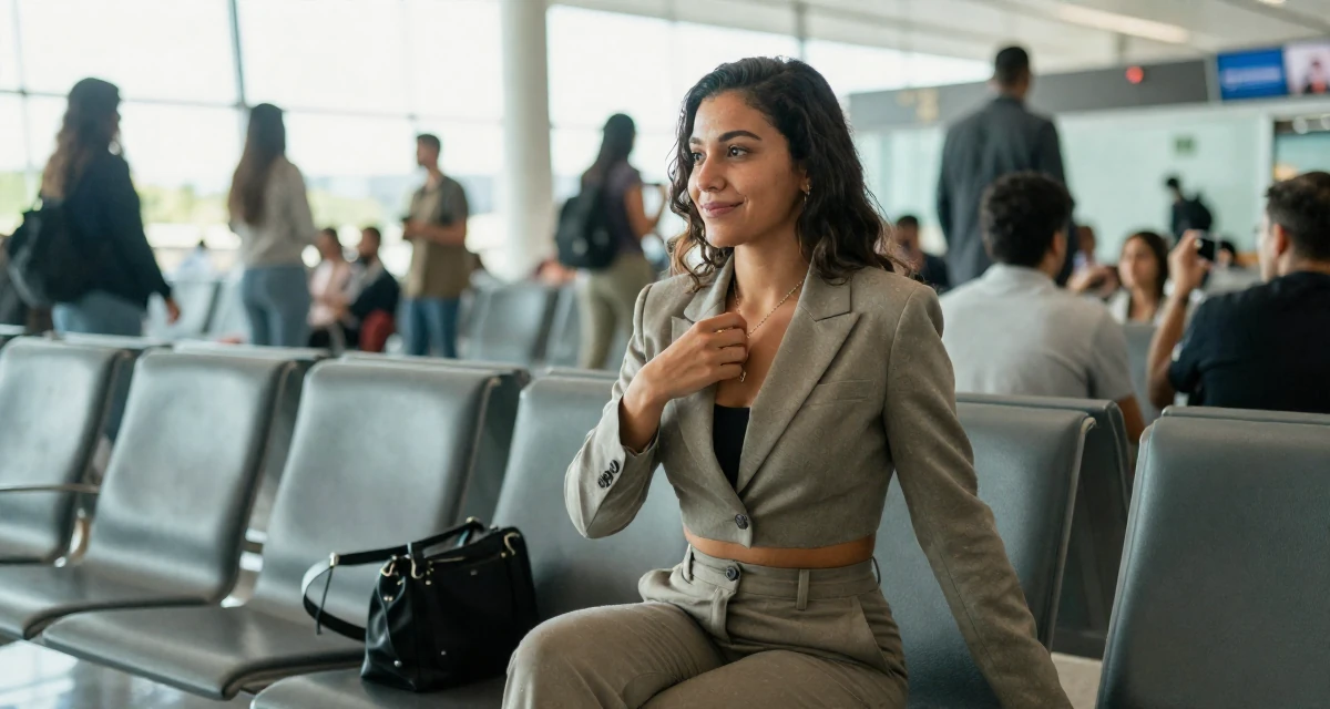 A softly smiling Female From Mexico City Mexico, learned expressive movement through Latin dance in their 35, passionate about classical music and art, wearing a cropped business jacket and high-waisted pants, touching a necklace in a airport departure lounge.