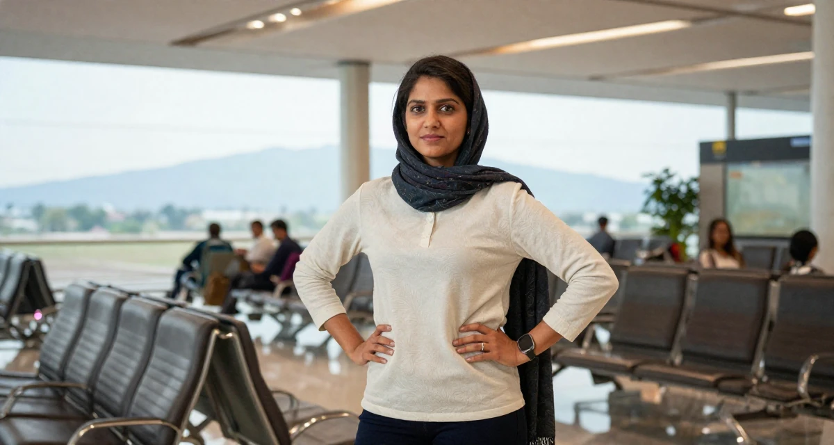 A confident and poised Female From Bangladesh, based in Chittagong, graduated from a technical college majoring in graphic design in their 24, reinvesting earnings in better lighting and props, wearing a minimalist everyday clothing, wrapping a scarf around the neck in a airport departure lounge.