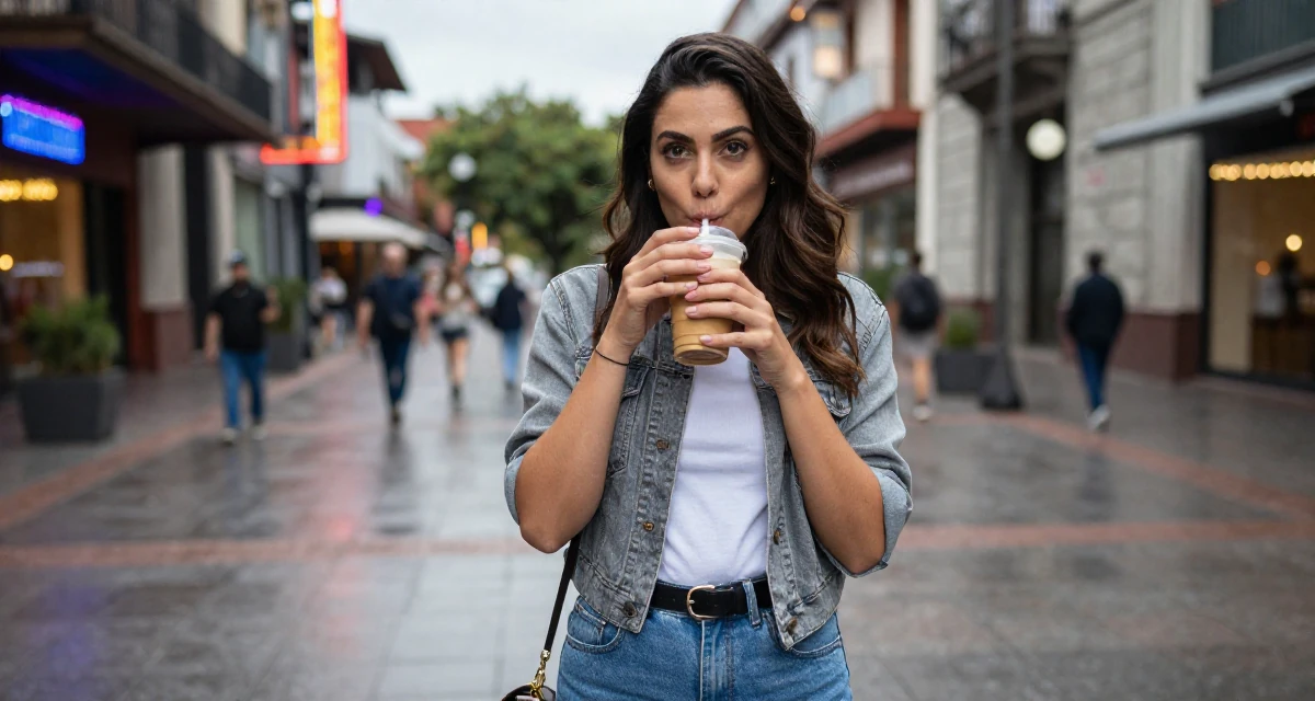 A expectant Female From Mexico, majored in advertising and PR in their 25, standing tall with newfound self-assurance, wearing a comfortable urban casual outfit, sipping a latte in a pedestrian plaza.