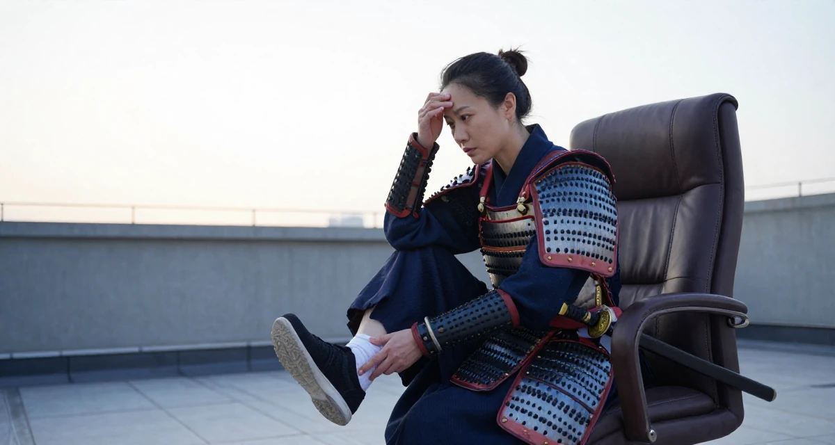 A engrossed Female From China, holds a degree in human resource management in their 49, celebrating a life of resilience and grit, wearing a samurai armor set with a katana at the waist, resting a hand on the forehead in a rooftop terrace at sunset.