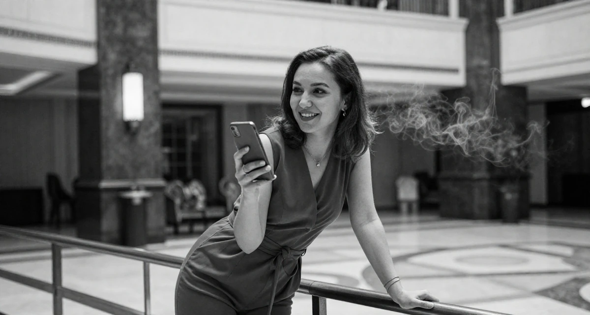 A joyful Female From Kazakhstan, based in Almaty, graduated from a state university majoring in journalism in their 21, struggling to disconnect from social media, wearing a chic jumpsuit styling, glancing sideways in a luxury hotel lobby.