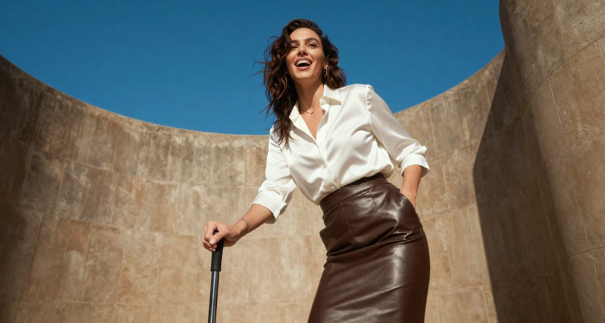 A playful and energetic Female Former swim instructor, now producing sun-soaked lifestyle content in their 23, creating photo sets that feel intimate but not explicit, wearing a white silk shirt tucked into a leather pencil skirt, putting hands in pockets in a dungeon cell.