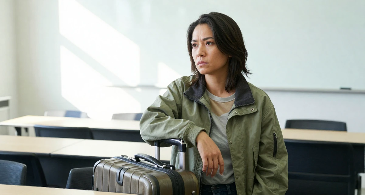 A stoic and strong Female From Hong Kong, studied digital media arts in their 43, documenting a weight loss maintenance journey, wearing a retro windbreaker jacket, pulling a suitcase in a lecture hall.