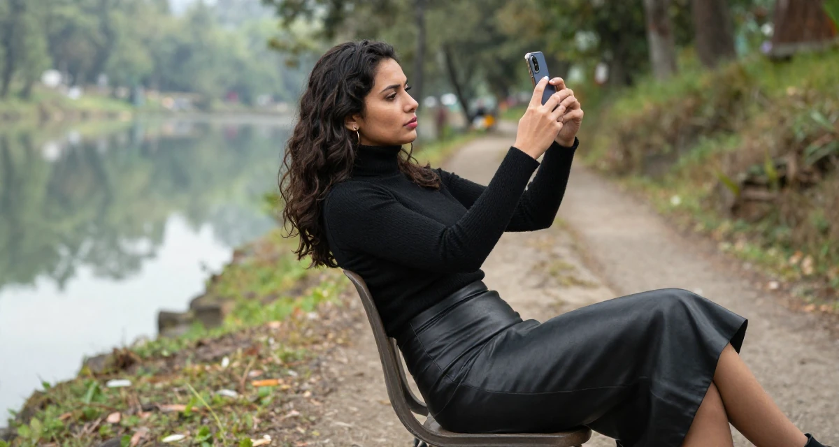 A engrossed Female From Nepal, based in Pokhara, graduated from a local college majoring in entrepreneurship in their 27, dealing with the emotional cost of visibility, wearing a fitted turtleneck and a leather midi skirt, snapping a photo with a phone in a forest path.