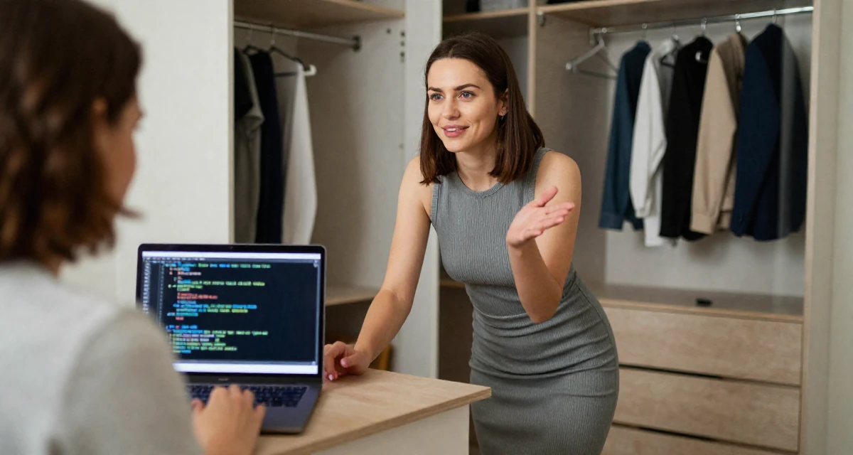 A subtly confident Female From Hungary, has a background in physical education in their 32, sharing easy DIY home improvement projects, wearing a fitted ribbed dress, smiling at a stranger in a walk-in wardrobe.