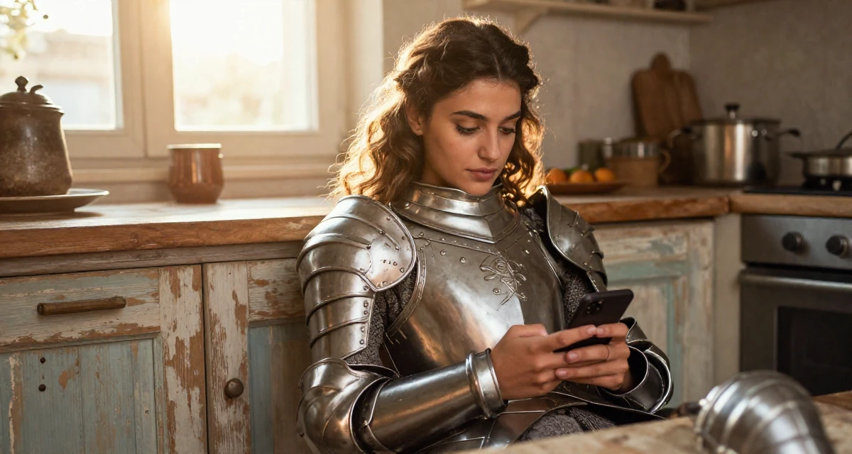 A self-assured Female From Turkey, based in Izmir, graduated from a communication faculty majoring in brand strategy in their 21, struggling to wake up for early morning lectures, wearing a fantasy warrior princess armor made of silver metal, texting with both thumbs in a rustic kitchen.