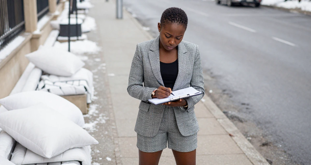 A tired Female From Nigeria, majored in business communication in their 41, tech executive pivot to digital content creation, wearing a structured blazer with shorts, sketching on a pad in a snowy sidewalk.