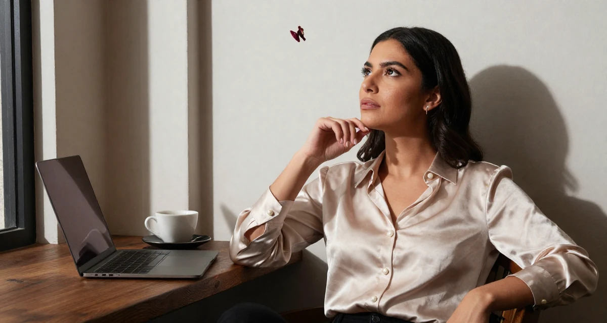 A deeply thinking Female From Guatemala, studied computer networks in their 22, embracing a more mature, sultry brand identity, wearing a satin blouse with pearl buttons, catching a falling flower petal in a coffee shop corner.