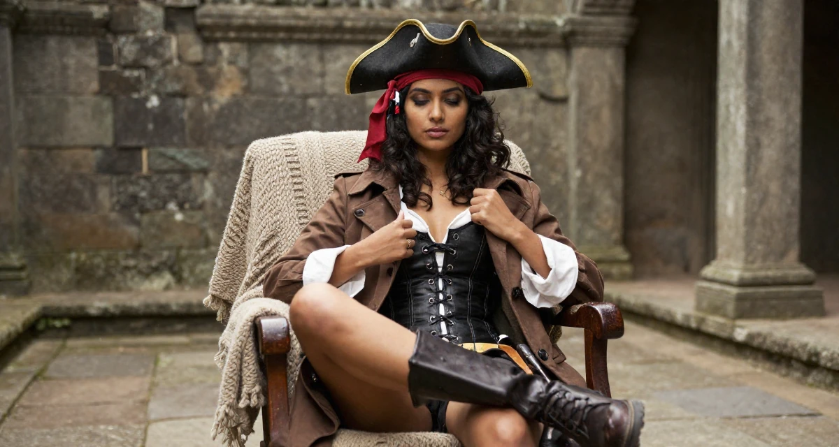 A zen-like Female From India, studied biotechnology in their 23, learning how to say “no” to requests outside comfort, wearing a pirate captain outfit with a corset and tricorn hat, unbuttoning a coat in a ancient stone ruins.