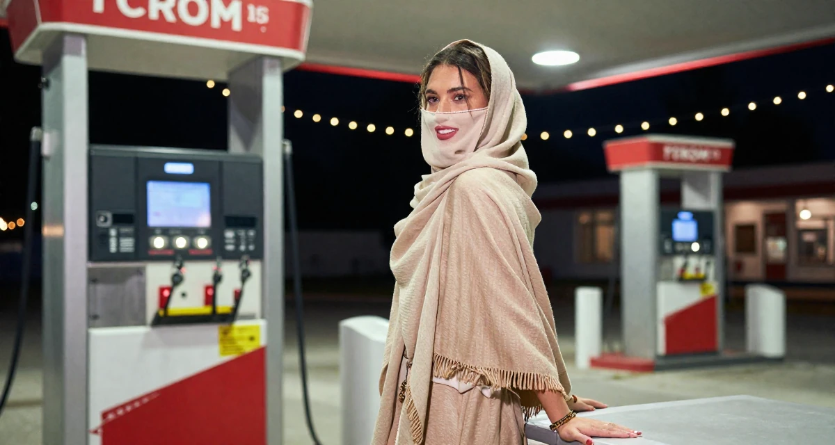 A charismatic Female From Estonia, based in Tartu, graduated from a state university majoring in digital culture in their 23, building consistency in personal projects, wearing a desert nomad wrap outfit with a face veil, resting hands on a table in a gas station at night.