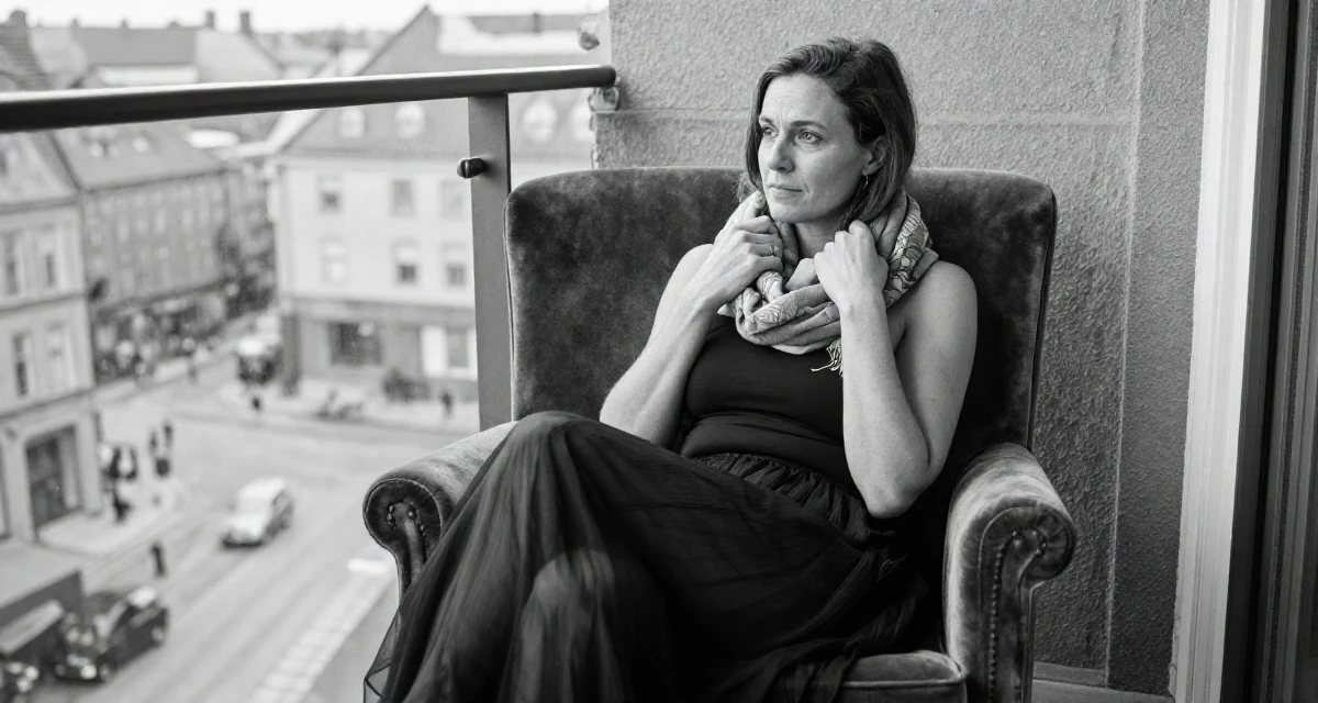 A settled Female From Aarhus Denmark, studied digital concept development in their 46, advocate for work-life balance in leadership, wearing a sheer maxi skirt with a bodysuit underneath, wrapping a scarf around the neck in a luxury penthouse balcony.