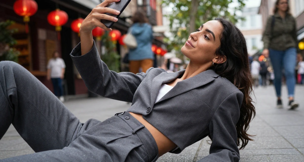 A witty Female From Madagascar, majored in ecotourism in their 23, exploring flirtatious selfies that feel natural, wearing a cropped blazer and high-waisted trousers set, taking a deep breath in a bustling city street.