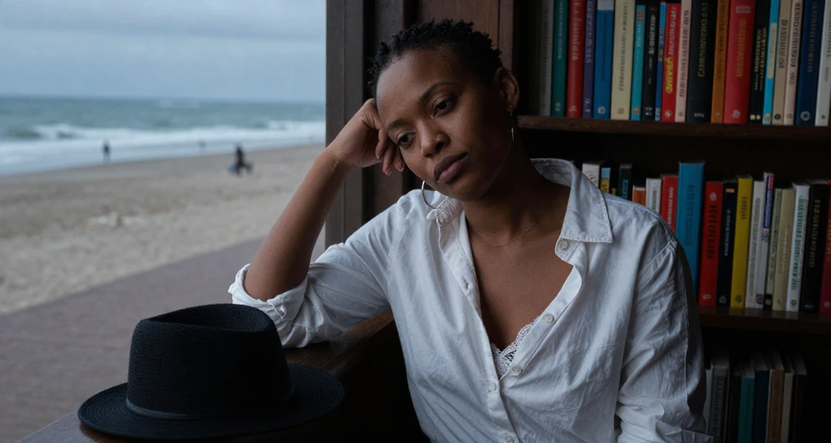 A flirty Female From Rwanda, majored in social innovation in their 37, rebuilding savings after unexpected expenses, wearing a white button-down shirt worn open over a lace bra, holding a hat in a beach promenade.