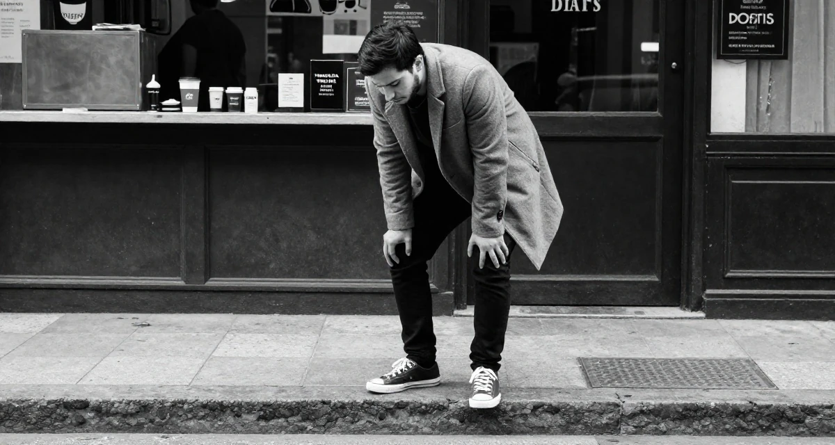 A steady male From Venezuela, majored in public administration in their 22, comparing growth with other creators and feeling pressure, wearing a tailored coat with casual sneakers, stepping onto a curb in a urban street.