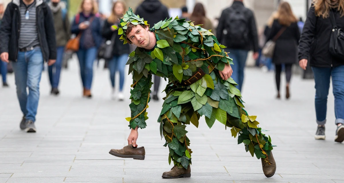 A focused male Born in Wales, majored in education studies in their 30, trying to escape corporate burnout, wearing a forest dryad costume made of leaves and vines, dangling a shoe from one foot in a pedestrian plaza.