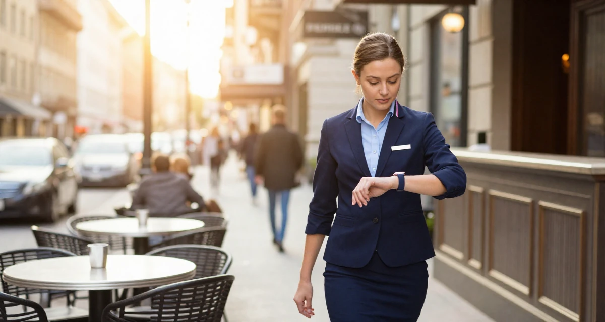 A settled Female Previously a hotel receptionist, now a travel-inspired content creator in their 41, rebuilding confidence after job loss, wearing a classic navy blue ensemble, checking a wristwatch in a bustling city street.