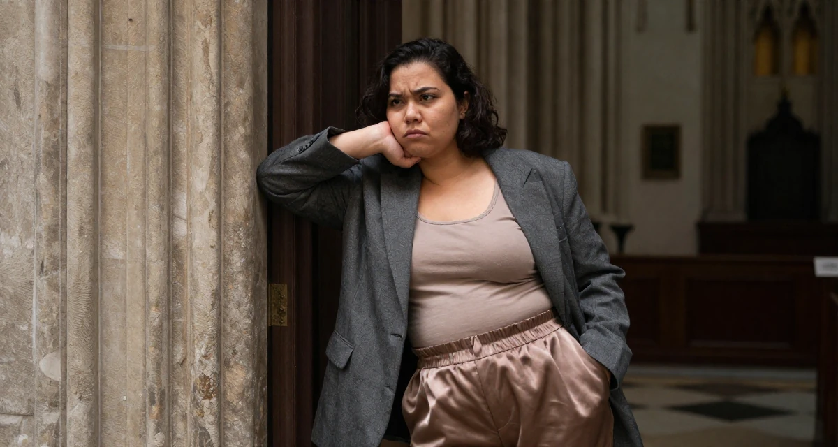 A tense Female From Jakarta Indonesia, developed body-positive messaging through community work in their 22, wearing an ill-fitting blazer and looking nervous, wearing a loose silk trousers and a fitted tank top, resting a chin on a hand in a gothic cathedral interior.