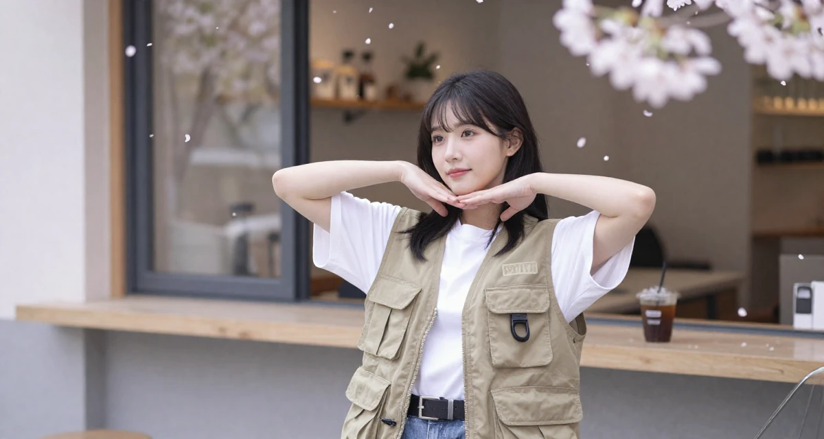 A tranquil Female Once a gamer girl streamer, now expanding into lifestyle creator work in their 22, adjusting to the 9-to-5 routine after college, wearing a urban explorer utility vest look, adjusting a belt in a trendy coffee shop.