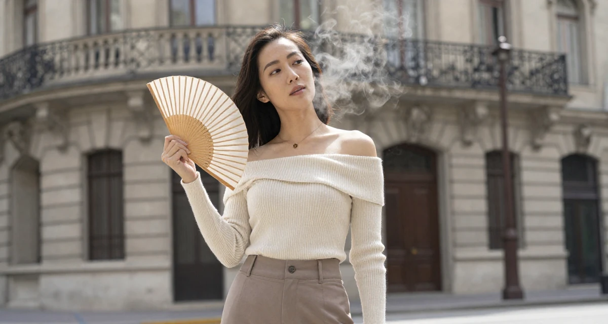 A enigmatic Female From Taiwan, studied visual communication design in their 48, finding purpose beyond motherhood, wearing a off-the-shoulder knit top and fitted trousers, fanning self with a hand in a historic downtown.