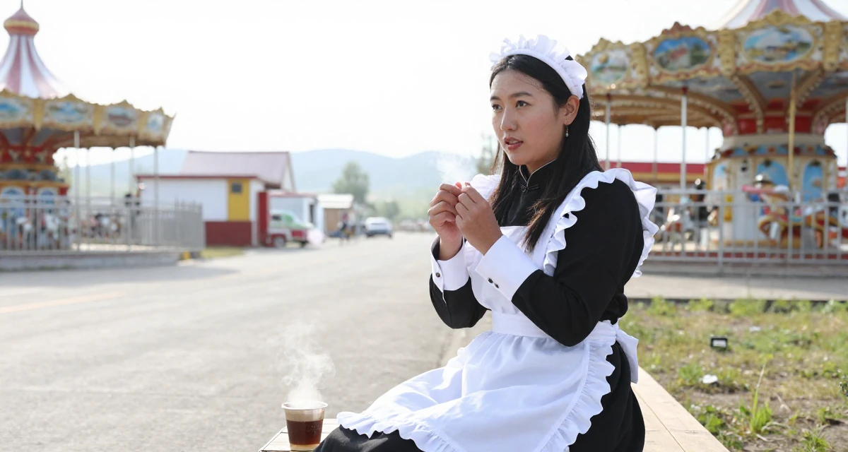 A captivating Female From Mongolia, majored in history and culture in their 49, preparing for a spiritual pilgrimage, wearing a maid outfit with a white apron and ruffled headband, cracking knuckles in a carnival with rides.