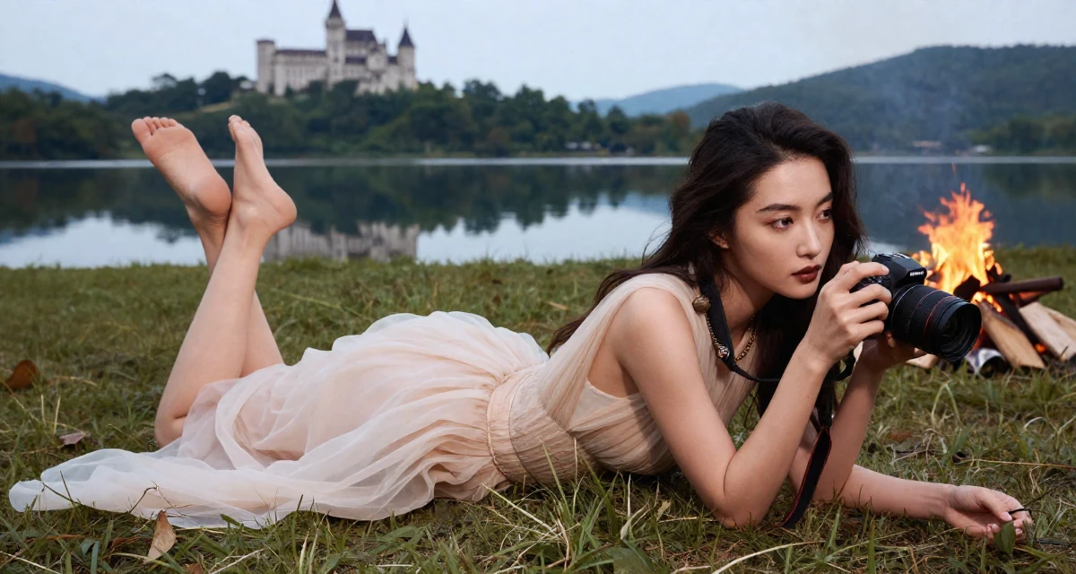 A sultry Female Former stay-in nanny, now building her own self-expression platform in their 24, navigating office politics for the first time, wearing a ethereal spirit dress made of flowing sheer chiffon, holding a camera ready to shoot in a campfire circle.