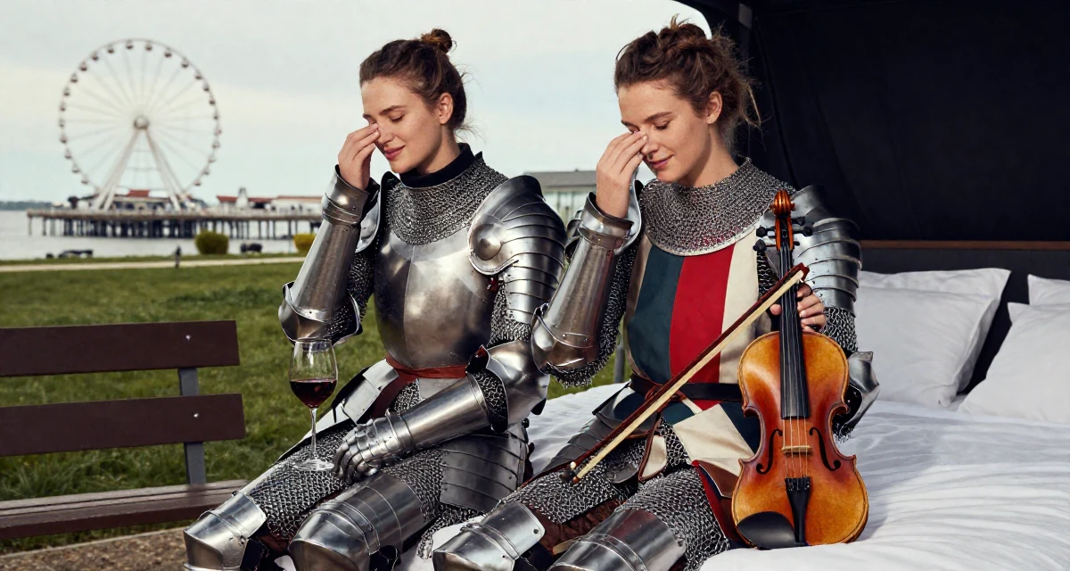 A compassionate Female Once a violin student, now sharing aesthetic performance clips in their 25, entering first serious friendships and relationships, wearing a female knight armor with a tabard and chainmail, rubbing eyes in a park bench.