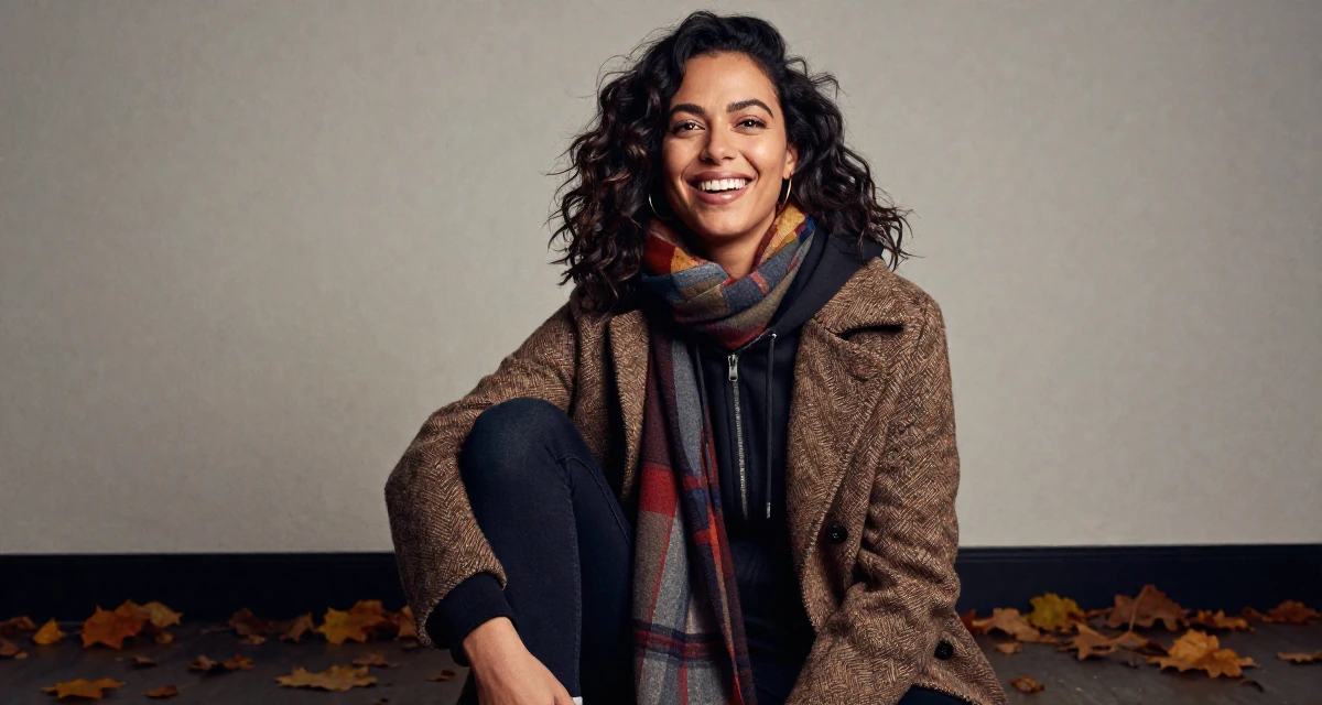 A joyful Female From London United Kingdom, majored in media studies in their 34, wearing success like a second skin, wearing a layered autumn coat and scarf, zipping up a hoodie in a basement studio.
