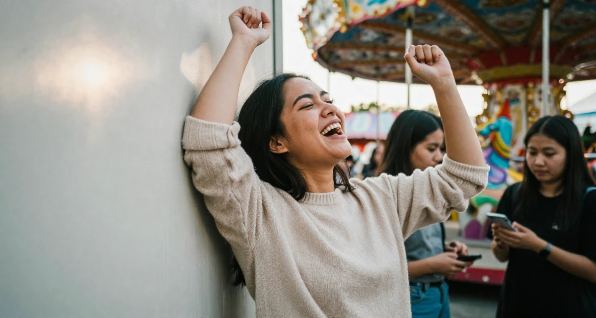A triumphant Female From Manila Philippines, studied mass communication in their 32, mentoring younger colleagues, wearing a soft cashmere sweater worn with nothing visible underneath, rolling up sleeves in a carnival with rides.