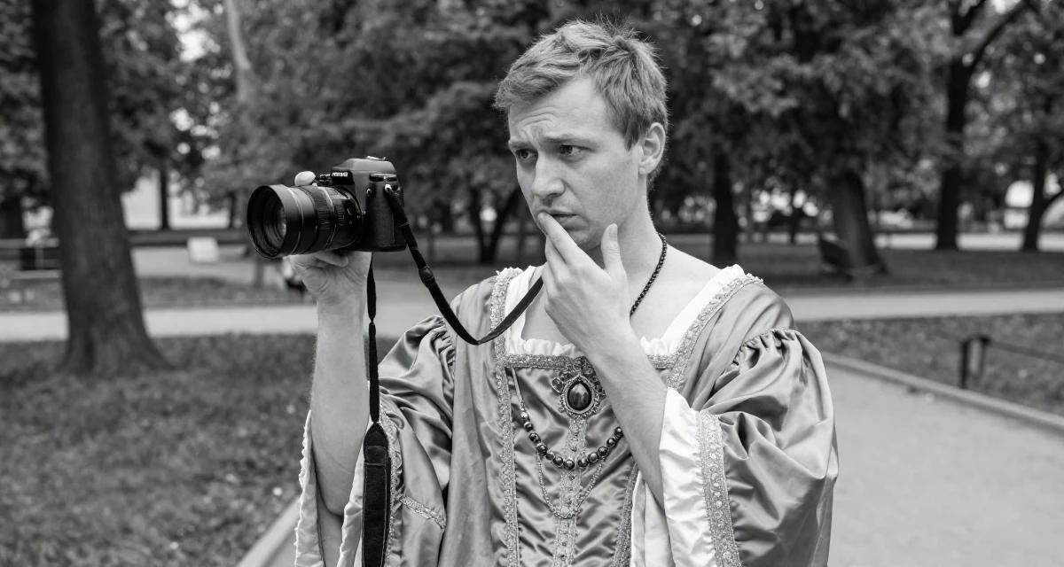 A confused male From Russia, studied linguistics and translation in their 27, learning that passion doesn’t protect you from stress, wearing a regal empress gown with heavy silk and jewelry, holding a camera ready to shoot in a quiet park.