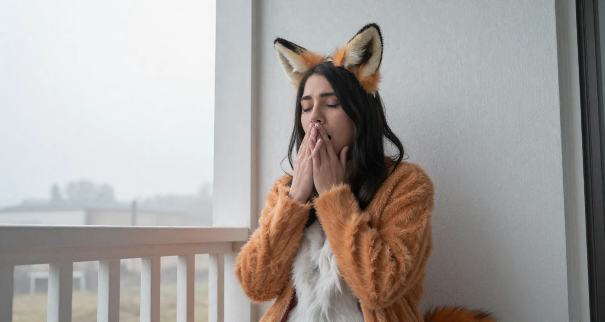 A relaxed and observant Female Once a real-estate assistant, now a full-time self-portrait artist in their 22, joining creator communities for tips and support, wearing a fox spirit (kitsune) outfit with fluffy ears and tails, stifling a yawn in a front porch.