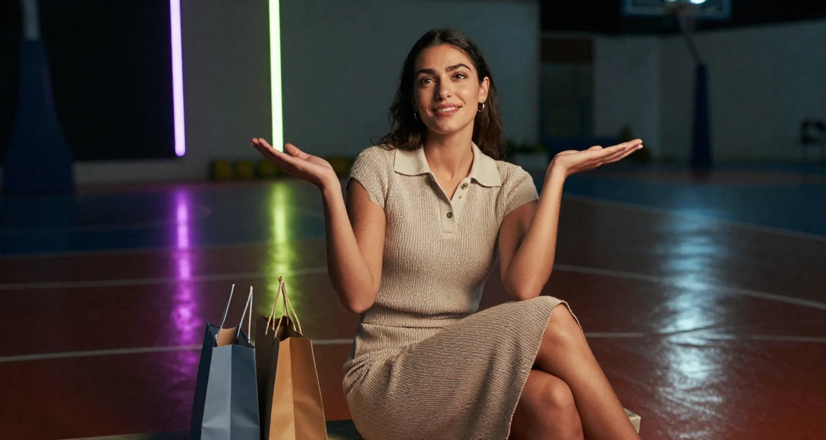 A positive Female From Israel, based in Tel Aviv, graduated from an arts program majoring in sensual character creation in their 23, figuring out how to show confidence through body language, wearing a knitted polo shirt tucked into a midi skirt, holding a shopping bag in a basketball court.