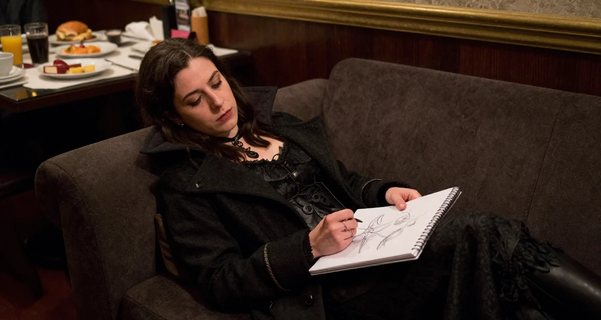 A quietly content Female From Athens Greece, learned movement expression through traditional dance in their 20, feeling overwhelmed by academic pressure and expectations, wearing a gothic vampire hunter outfit with a long coat, sketching on a pad in a breakfast nook.