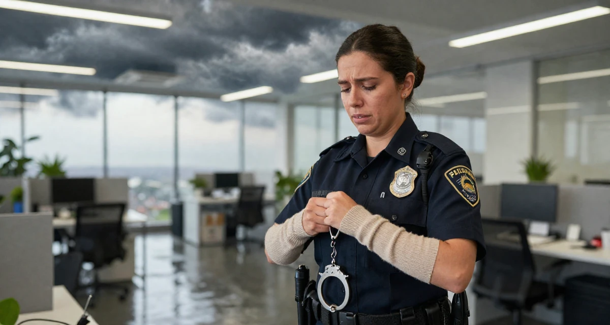 A emotionally moved Female From Colombia, based in Medellín, graduated from a communication school majoring in brand communication in their 34, ex-corporate lawyer turned yoga instructor, wearing a police officer uniform with a badge and handcuffs, pulling a sweater sleeves over hands in a office workspace.