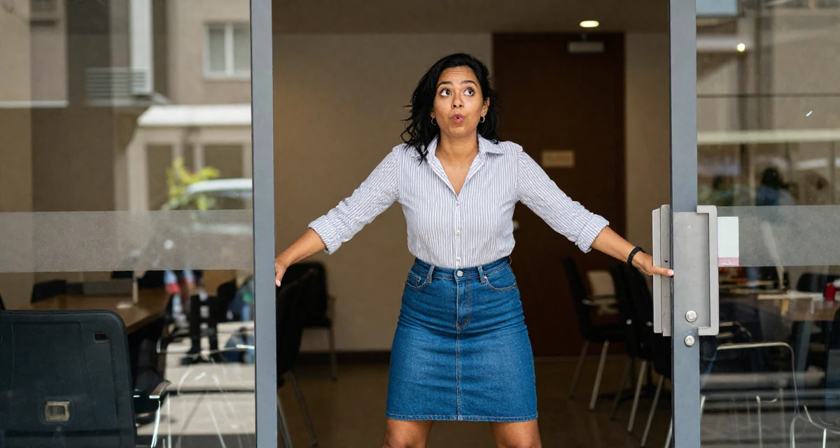 A reflective Female Previously a hotel receptionist, now a travel-inspired content creator in their 25, experimenting with playful photos that boost confidence, wearing a striped button-down shirt tucked into a denim pencil skirt, opening a door in a conference room.