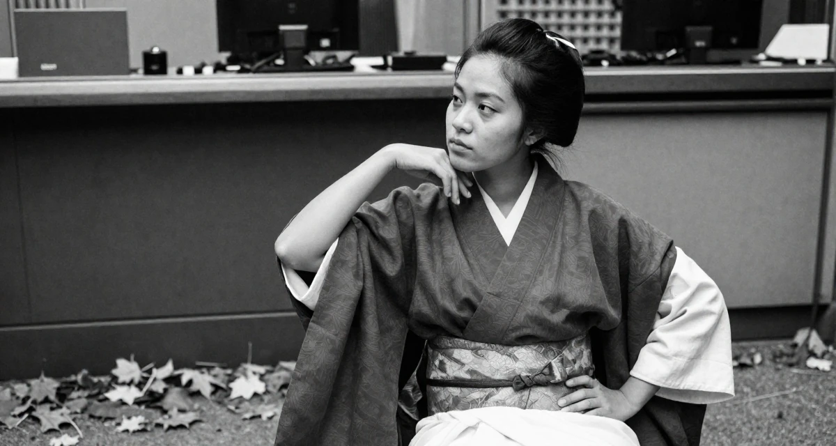 A relaxed and observant Female From Jakarta Indonesia, majored in fashion merchandising in their 25, developing discipline through daily habits, wearing a traditional Japanese miko priestess robe in red and white, rolling up sleeves in a radio station.