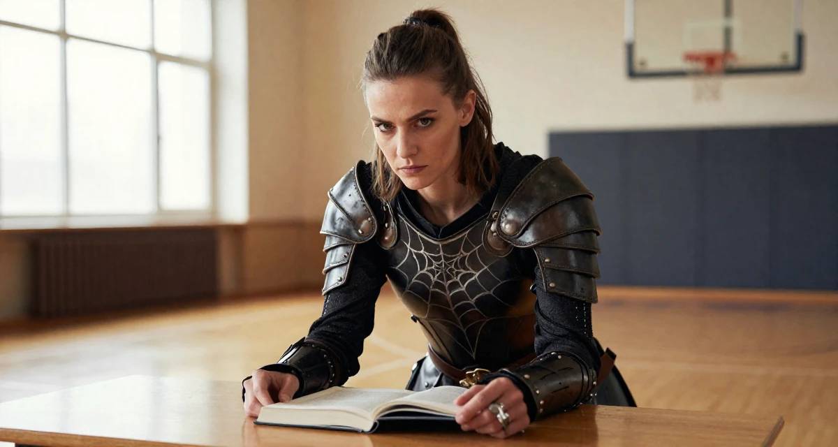 A stoic and strong Female From Poland, majored in international relations in their 39, advocating for mental health awareness, wearing a dark elf leather armor with spiderweb motifs, opening a book in a basketball court.