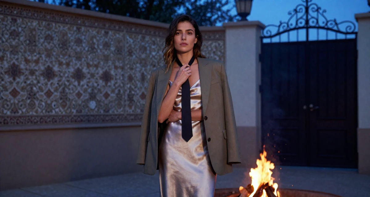 A pensive Female Grew up in Spain, studied international business in their 22, dealing with loneliness because creator life is misunderstood, wearing a satin slip skirt paired with a structured blazer, playing with a tie in a campfire circle.