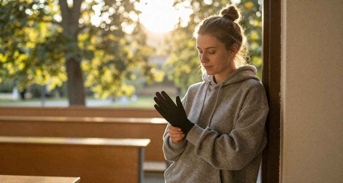 A placid Female Grew up in Croatia, studied interaction design in their 33, documenting a weight loss and health journey, wearing a trendy oversized hoodie, putting on a glove in a lecture hall.