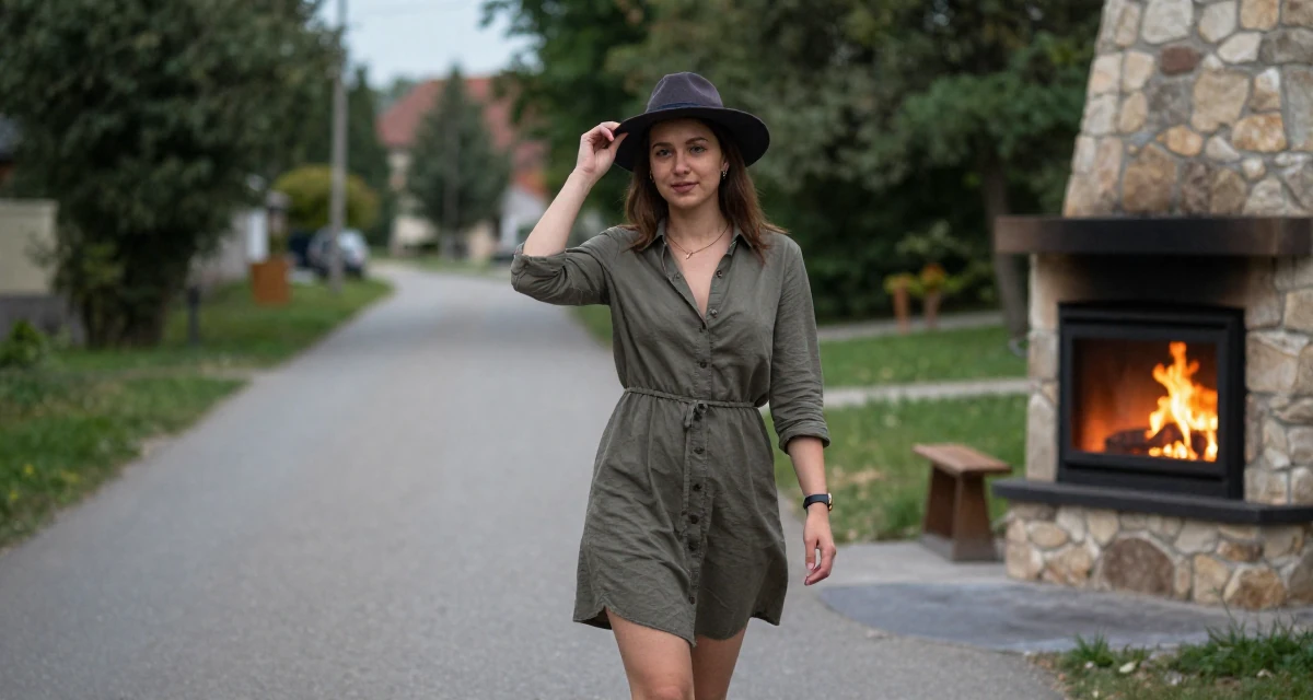 A elegant Female From Slovakia, based in Bratislava, graduated from a media school majoring in mood-driven digital design in their 22, navigating competitive academic environments, wearing a button-up shirt dress with the top buttons undone, tipping a hat in a country road.