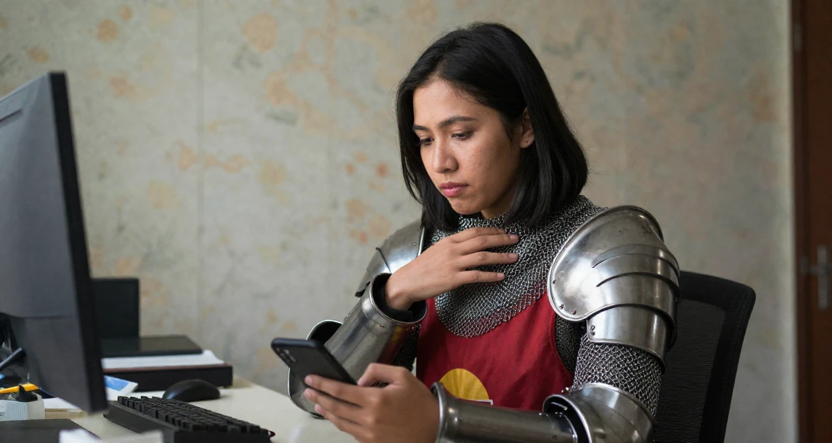 A poised Female From Manila Philippines, learned stage presence from bar performance work in their 25, trying to avoid burnout from overthinking every post, wearing a female knight armor with a tabard and chainmail, checking a phone in a messy desk.