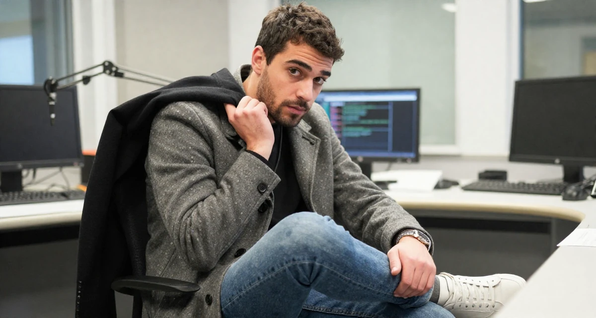 A enigmatic male From Italy, studied fashion design in Milan in their 22, trying to scale content while keeping privacy safe, wearing a tailored coat with casual sneakers, holding a jacket over a shoulder in a radio station.