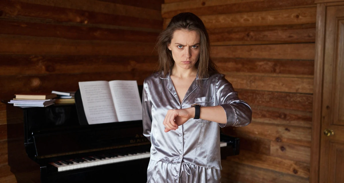 A arrogant Female From Russia, has a background in piano performance in their 20, creating content for a growing online audience, wearing a satin pajamas set with the top unbuttoned, checking a wristwatch in a rustic wooden cabin interior.