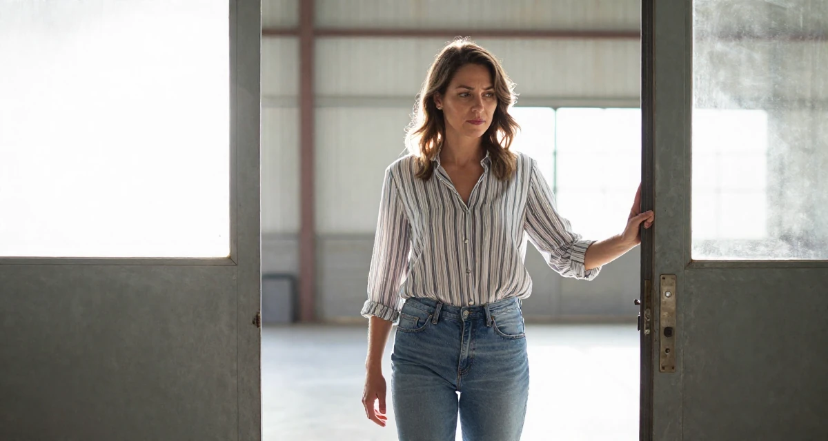A disinterested Female Once a startup assistant, now a creator experimenting with storytelling in their 46, fashionista proving style has no age limit, wearing a classic striped shirt and jeans, pushing a door open in a industrial warehouse.