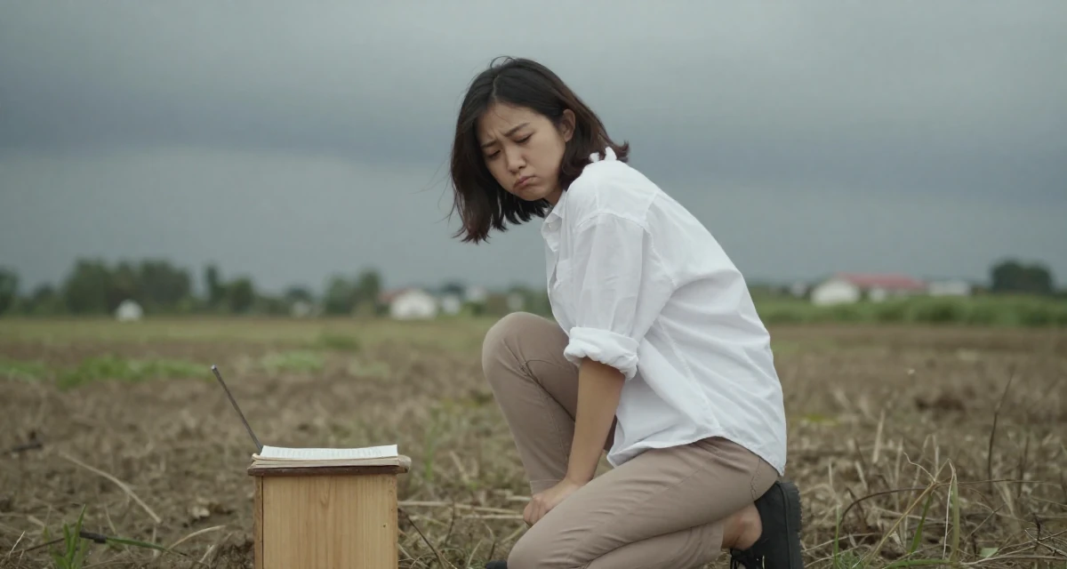 A pouting Female Former library assistant, now creating cozy reading-corner aesthetics in their 26, learning that trends shift faster than energy can keep up, wearing a oversized white shirt with sleeves rolled up and slim trousers, looking down at the ground shyly in a farm field.