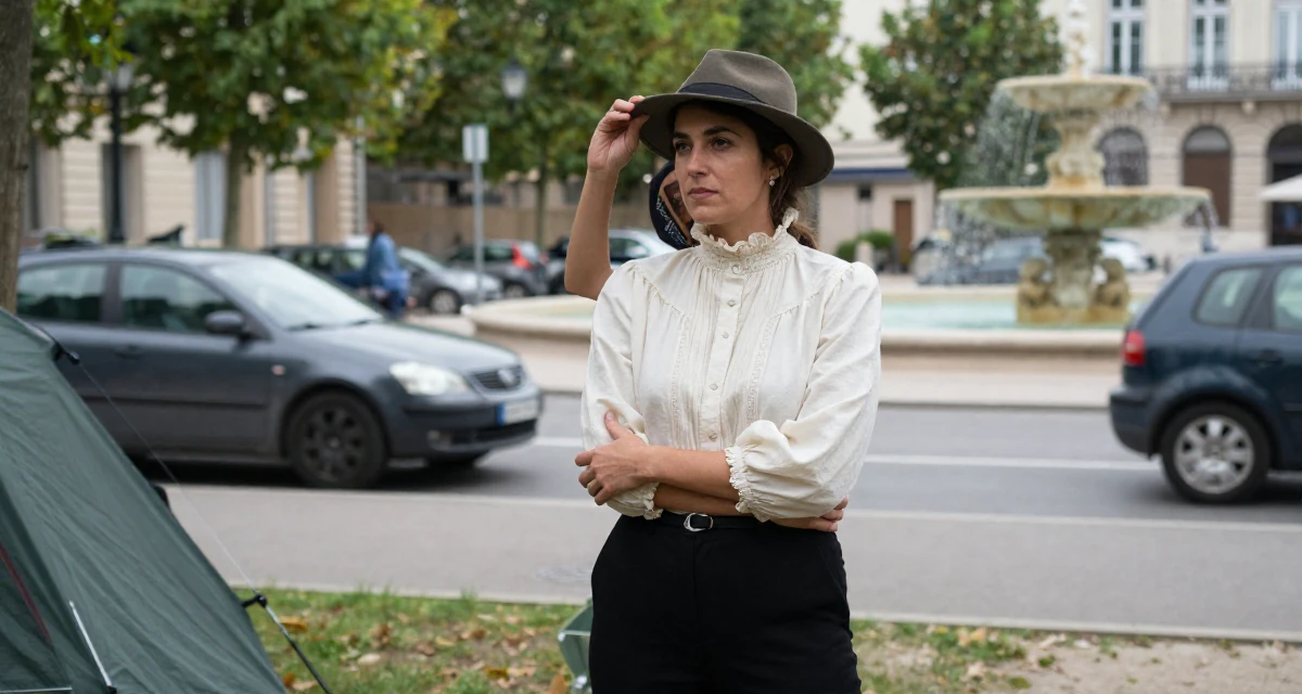A quiet Female From Lyon France, studied fashion marketing in their 38, supporting spouse’s career shift, wearing a high-neck victorian style blouse and black slacks, adjusting a hat in a camping site.