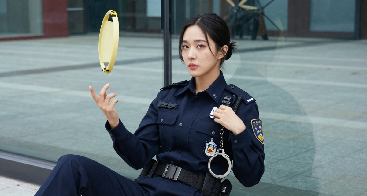 A alert and attentive Female From South Korea, studied textile design and fashion in their 25, juggling early career and side gigs, wearing a police officer uniform with a badge and handcuffs, reaching for a pocket in a pedestrian plaza.